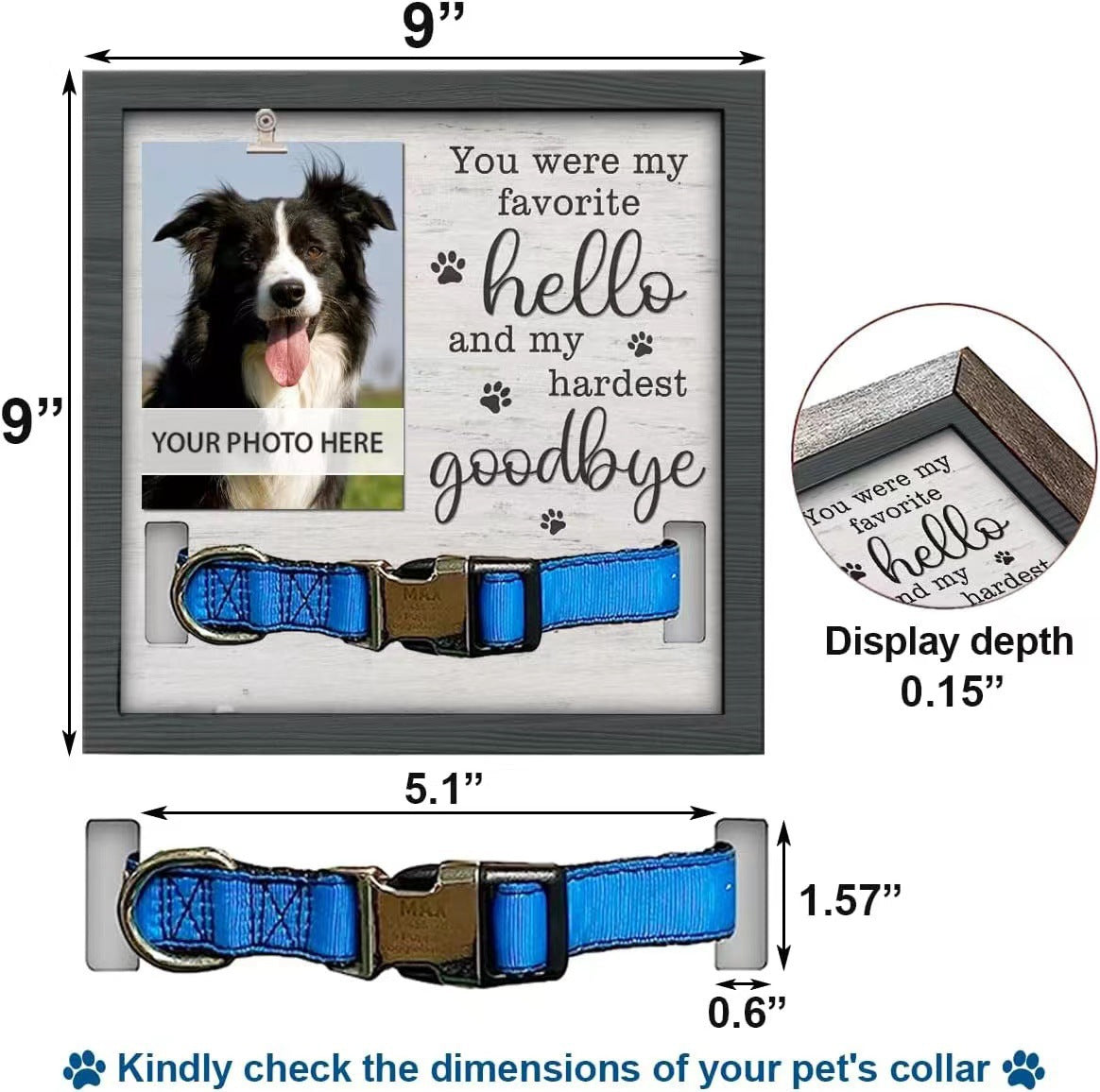 Wooden Pet Memorial Frame with Collar Holder - Personalized Pet Photo Display