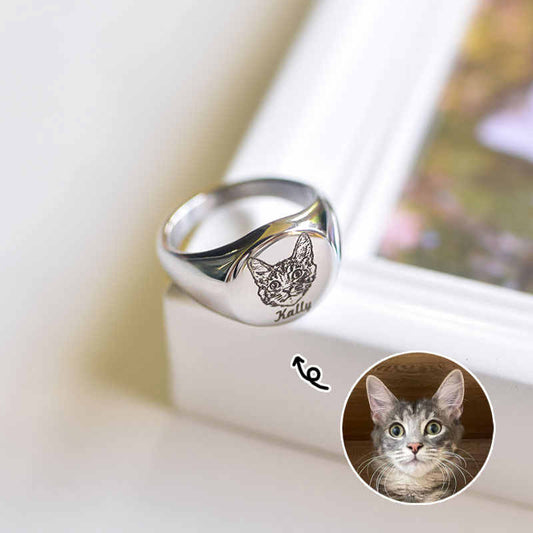 Custom Pet Memorial Ring – Engraved Cat/Dog Portrait with Name,Titanium Steel