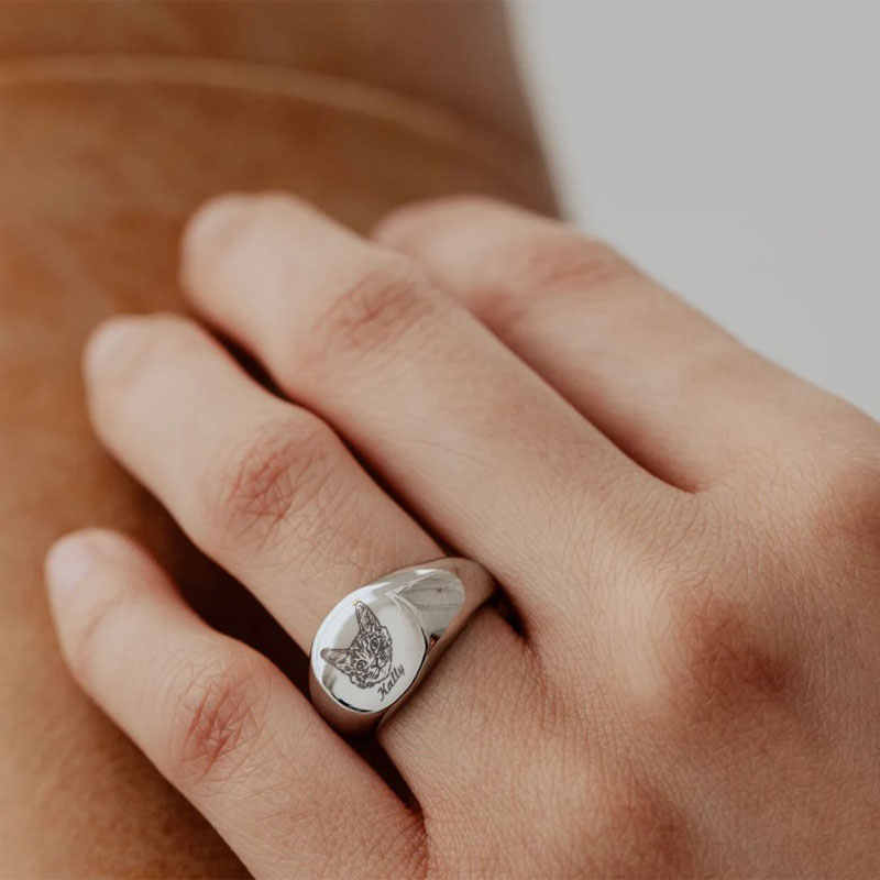 Custom Pet Memorial Ring – Engraved Cat/Dog Portrait with Name,Titanium Steel