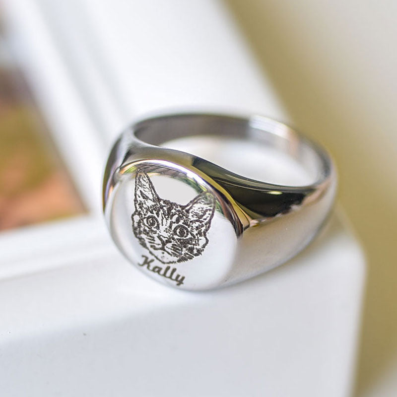 Custom Pet Memorial Ring – Engraved Cat/Dog Portrait with Name,Titanium Steel
