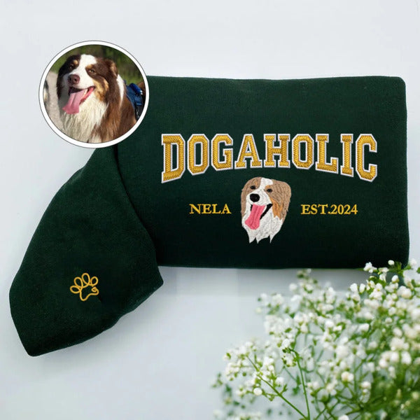 🎉 Black Friday Sale- 💖 Custom Dog Embroidered Varsity Dogaholic Sweatshirt Hoodie T-shirt 🐾
