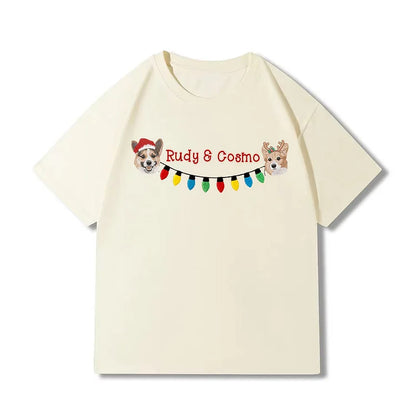 🔥 Hot Sale ✨ Custom 2 Pets Embroidered Portrait with Christmas Lights – Sweatshirt, Hoodie, T-Shirt 🎄