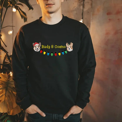🔥 Hot Sale ✨ Custom 2 Pets Embroidered Portrait with Christmas Lights – Sweatshirt, Hoodie, T-Shirt 🎄