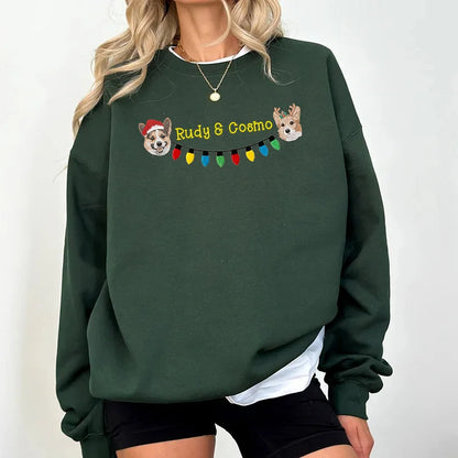 🔥 Hot Sale ✨ Custom 2 Pets Embroidered Portrait with Christmas Lights – Sweatshirt, Hoodie, T-Shirt 🎄