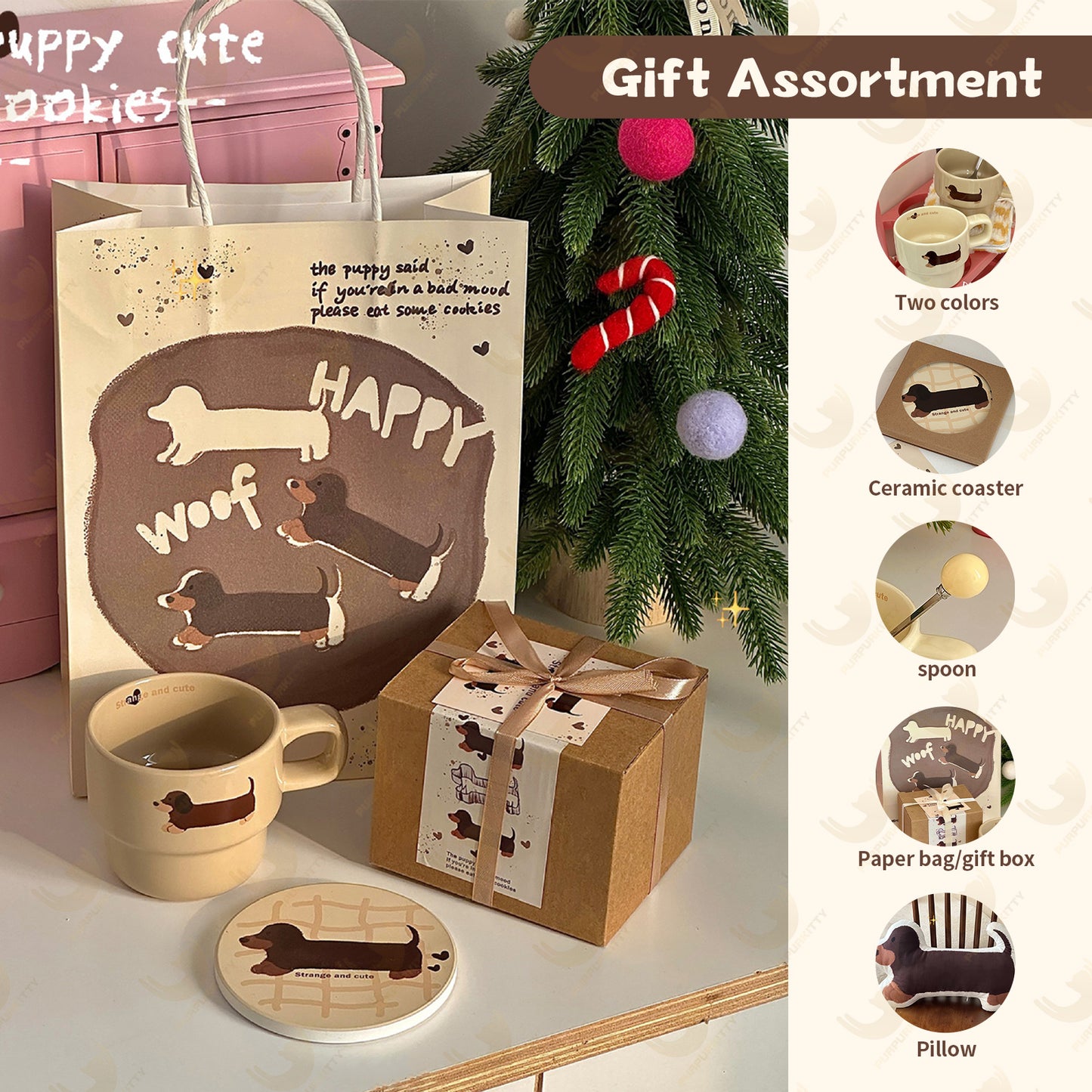 Cute Hand-Painted Cartoon Dachshund Mug - Original Stackable Ceramic Cup Gift Set