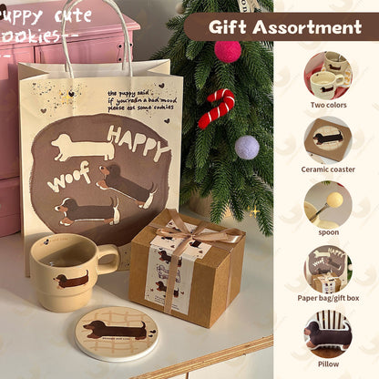 Cute Hand-Painted Cartoon Dachshund Mug - Original Stackable Ceramic Cup Gift Set