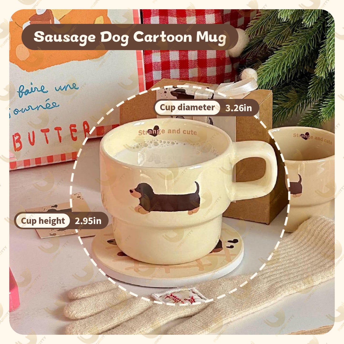 Cute Hand-Painted Cartoon Dachshund Mug - Original Stackable Ceramic Cup Gift Set