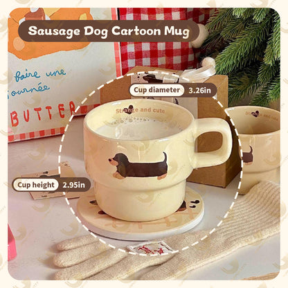 Cute Hand-Painted Cartoon Dachshund Mug - Original Stackable Ceramic Cup Gift Set