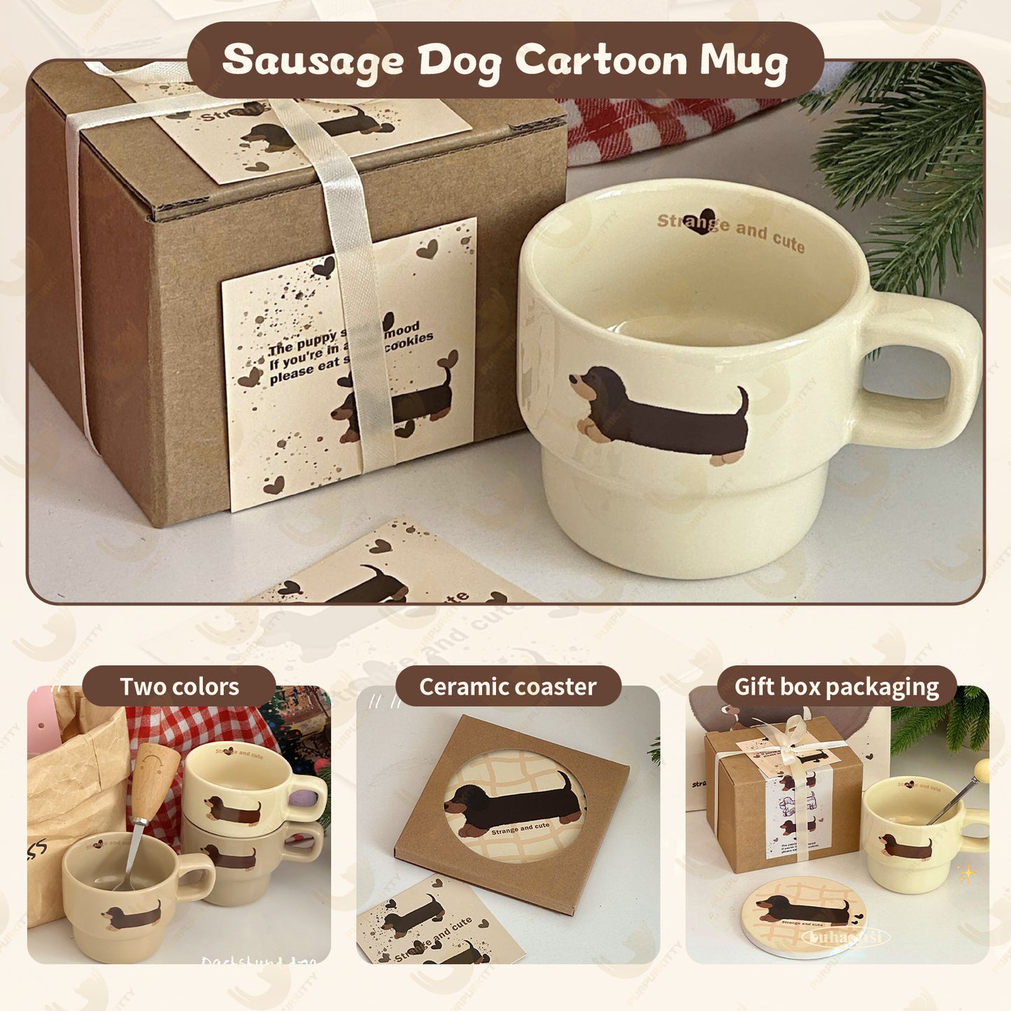 Cute Hand-Painted Cartoon Dachshund Mug - Original Stackable Ceramic Cup Gift Set