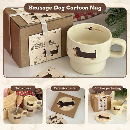 Cute Hand-Painted Cartoon Dachshund Mug - Original Stackable Ceramic Cup Gift Set
