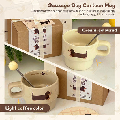 Cute Hand-Painted Cartoon Dachshund Mug - Original Stackable Ceramic Cup Gift Set