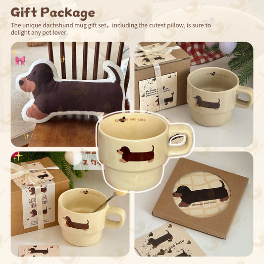 Cute Hand-Painted Cartoon Dachshund Mug - Original Stackable Ceramic Cup Gift Set