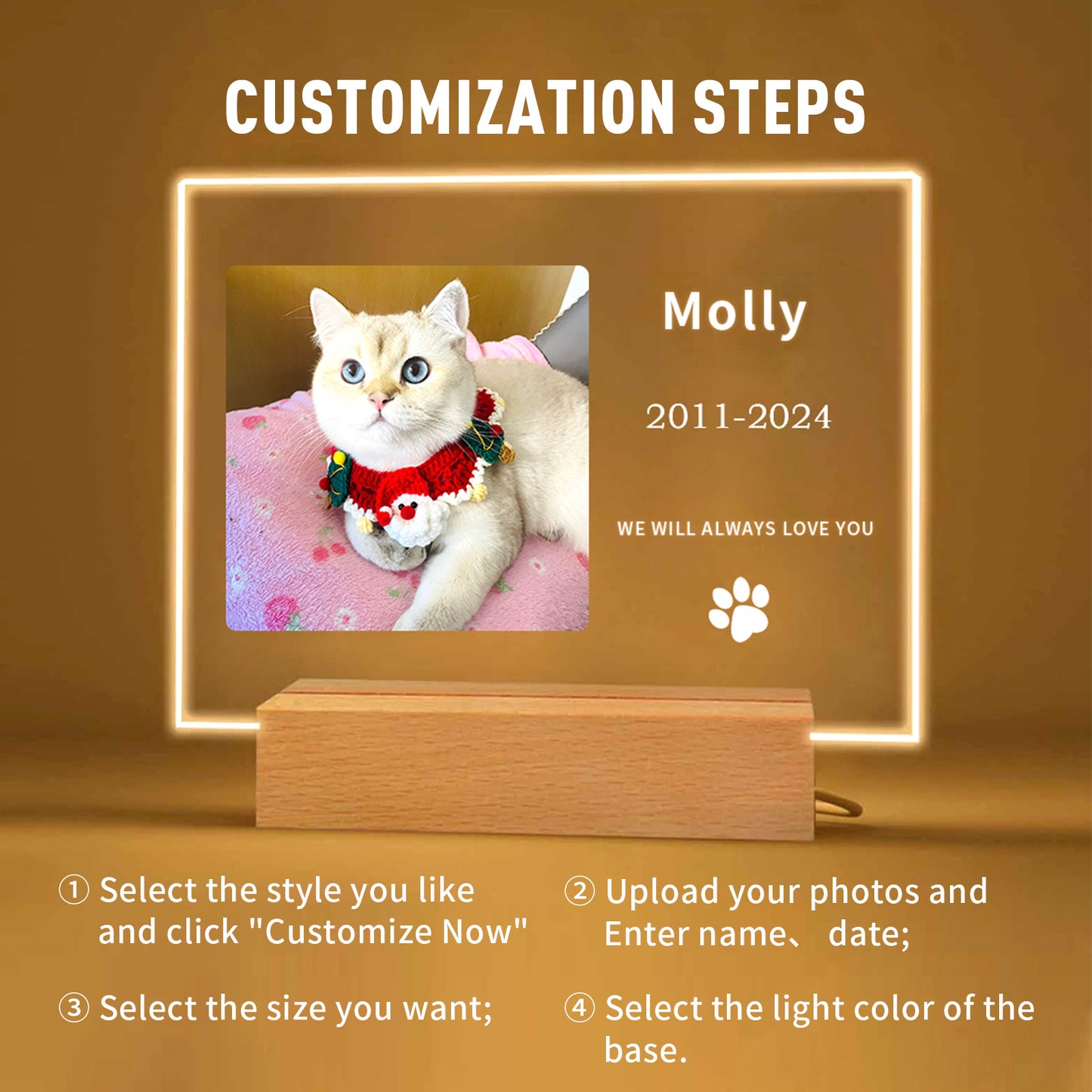Custom Pet Memorial Night Light - Personalized Acrylic Paw Print Photo Frame, Perfect Pet Loss Gift and Dog Memorial Gift