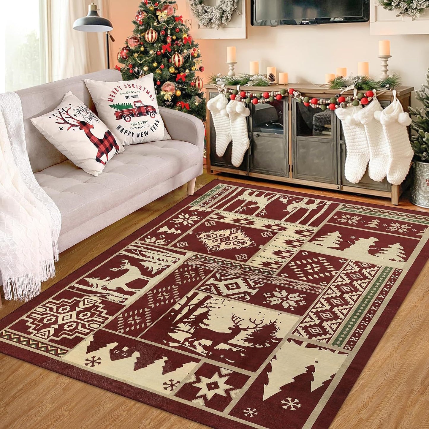 🎄🥰Festive Christmas Decor Rug - Holiday-Themed Living Room Carpet for Cozy Seasonal Vibes, Perfect for Pets and Family Gatherings