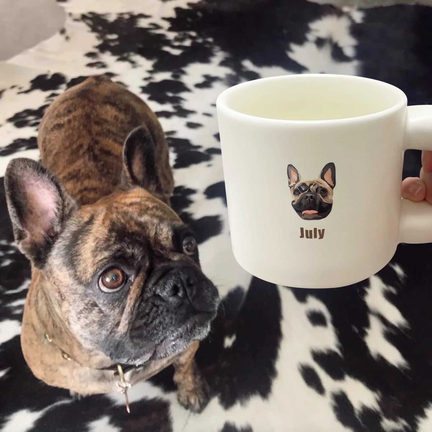 Custom Pet Illustration Mug - Hand-Drawn Cat and Dog Ceramic Coffee Cup with Birthday Calendar Design