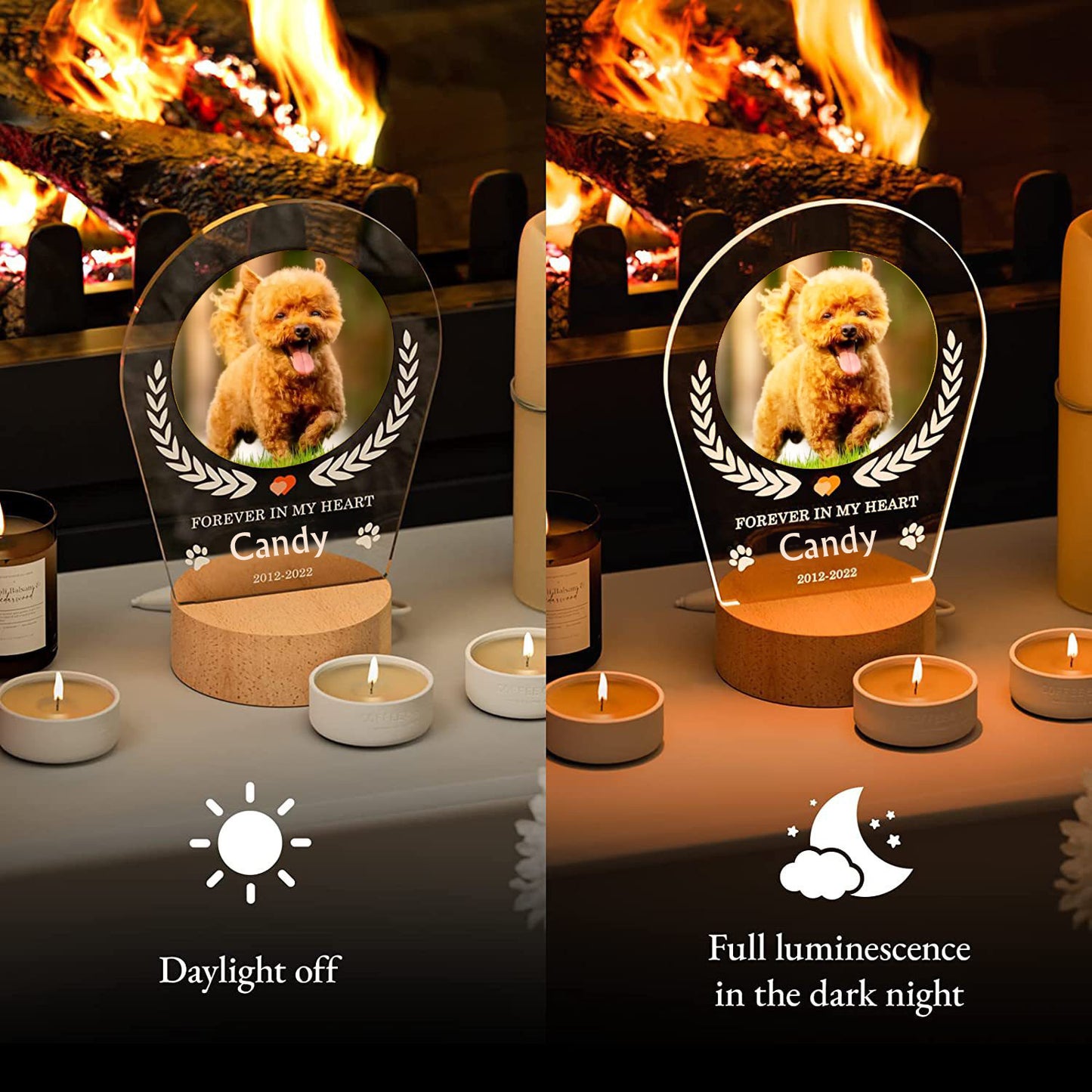 Custom Wooden Pet Memorial Night Light with Photo Frame - Dog Remembrance Gift
