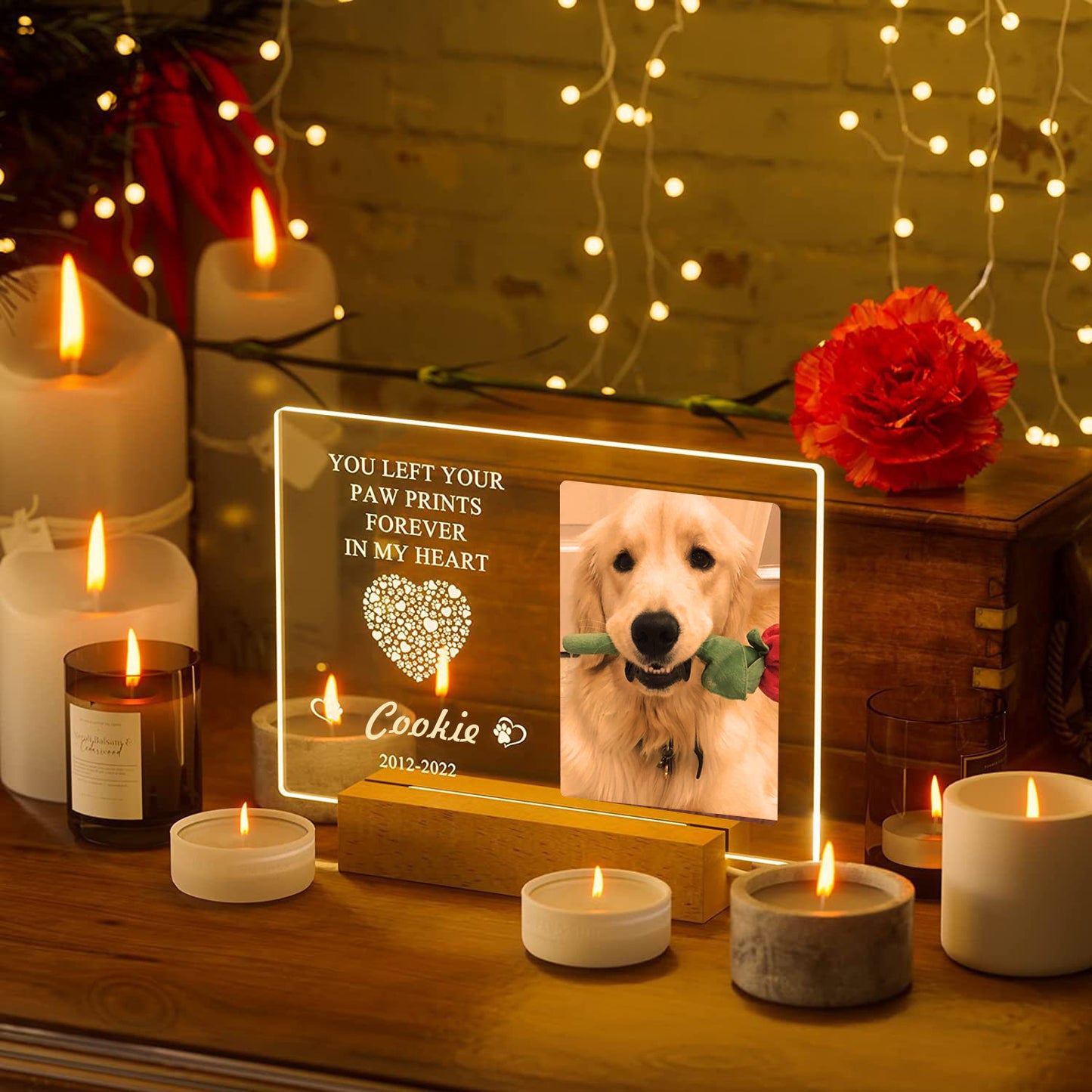 Custom Wooden Pet Memorial Night Light with Photo Frame - Dog Remembrance Gift
