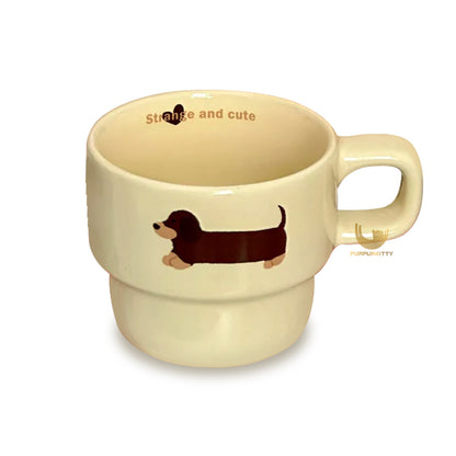 Cute Hand-Painted Cartoon Dachshund Mug - Original Stackable Ceramic Cup Gift Set